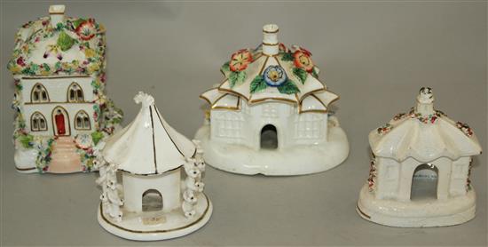 Four Staffordshire porcelain cottage and toll house pastille burners, c.1835-45, height 9.5 - 12cm